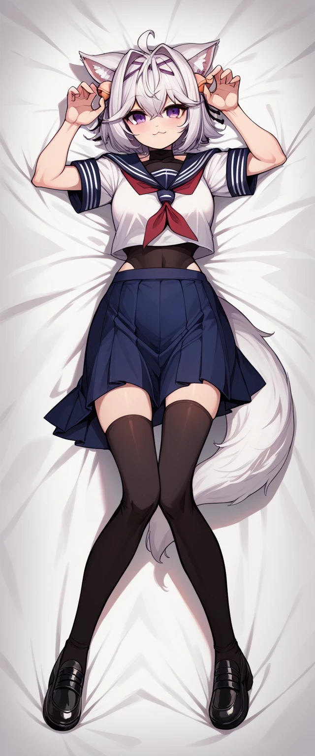 Messy Bed, 1girl, solo, FilianSailor, fluffy fox tail, cat ears, white hair, short hair, ahoge, hairclip, hair bell, big purple eyes, half smile, serafuku, red neckerchief, swimsuit under clothes, covered navel, blue skirt, black thighhigh, school black shoes with heals, full body pose, cute pose, left hand on the head, right hand on the sides, lying on bed, body pillow style, dakimakura