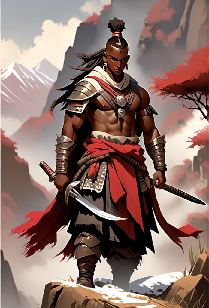Ultra Realistic, Highly Defined Details, Rose flower, Snowy Mountain Range, Shadowy Distant Back Drop, Bones Liter The Ground, Shandy Color Shading Capturing the Mode, Young Adult African Male Villager, holding a Rose Flower, On Top Of Tall Mountain, Piercing Gaze, Serious Sharp Facial Features, Fit Athletic Muscular Physique, Bone Mail Armor, Peaces of tribal decorations tied to armbands, Bone chest plate armor, Lightly armored belt buckle dagger and in a sheath, Bone carved Hilt and Sword, wrapped in crimson decorated cloth Worn On the Back, Dark Crimson Cloak, Distant Shot Full Body View, Holding a Flaming Rose, Snowy Day, Snowy Mountain, Snow on the Ground, A lot of Snow, Tribal Village, Distance Picture, 6 meters Distant Side View Angle, Side View picture,