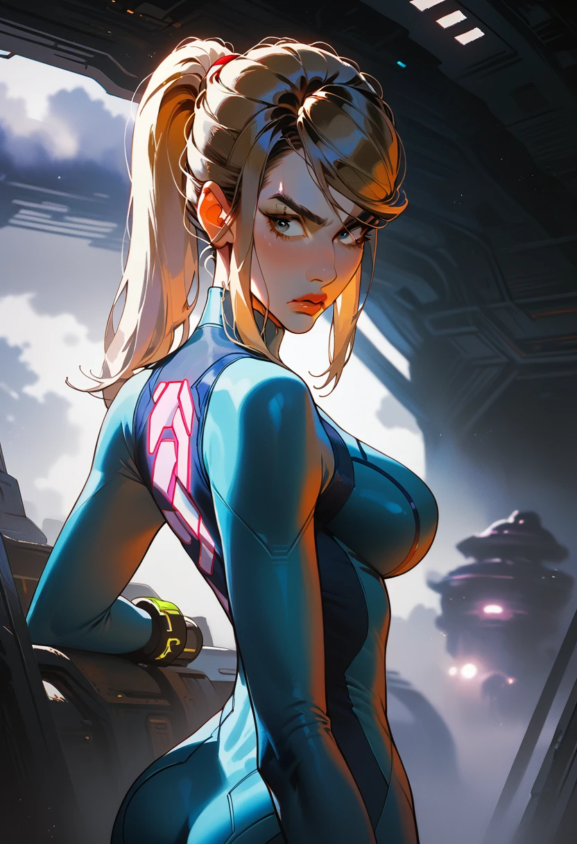 samus aran, looking annoyed, from behind, looking back, raised eyebrow, zero suit, large breasts, big ass, close up, dark painting of a coridor, space station, fog, dark clouds, dark dramatic lighting, 