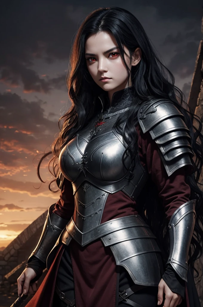 Woman 25 years old, red eyes half demon , medieval armor clothing, serious look, wavy black hair