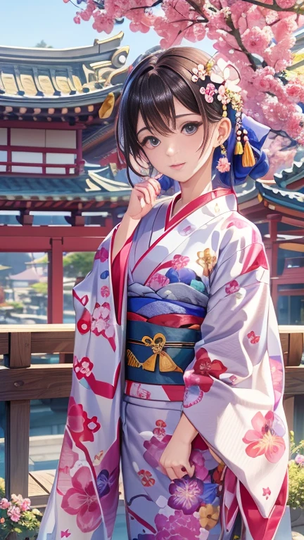 (Highest quality、 8k 、masterpiece、High resolution)、 Official Art、A woman wearing a kimono、(Beautiful Face,Beautiful Eyes,Beautiful nose,Pretty lips)、(Young woman standing on terrace),(Flower patterned kimono), (The best CG)、Background、blue sky、Five-story pagoda、river、Mountain、Pavilion、Streetscape、