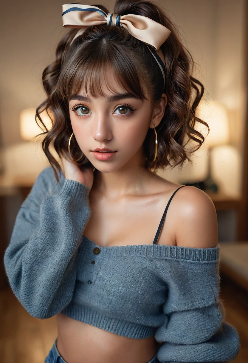 (best quality, 4k, highres, highres face details),18 yrs old, 1girl, solo, athletic figure, tan skin, perfect nose, perfect lips, fake lashes, modest bust size, deep cleavage, cute face, wearing an off the shoulder brown sweater, midriff showing ,wearing jean shorts, brown hair, short curly hair, crossed bangs, brown eyes, constricted pupils, hair ribbon, hoop earrings, cinematic lighting, Ultra-Wide Angle, Canon, Hyperrealism, UHD, masterpiece, textured skin, high details, best quality, detailed eyes, detailed iris, full body image