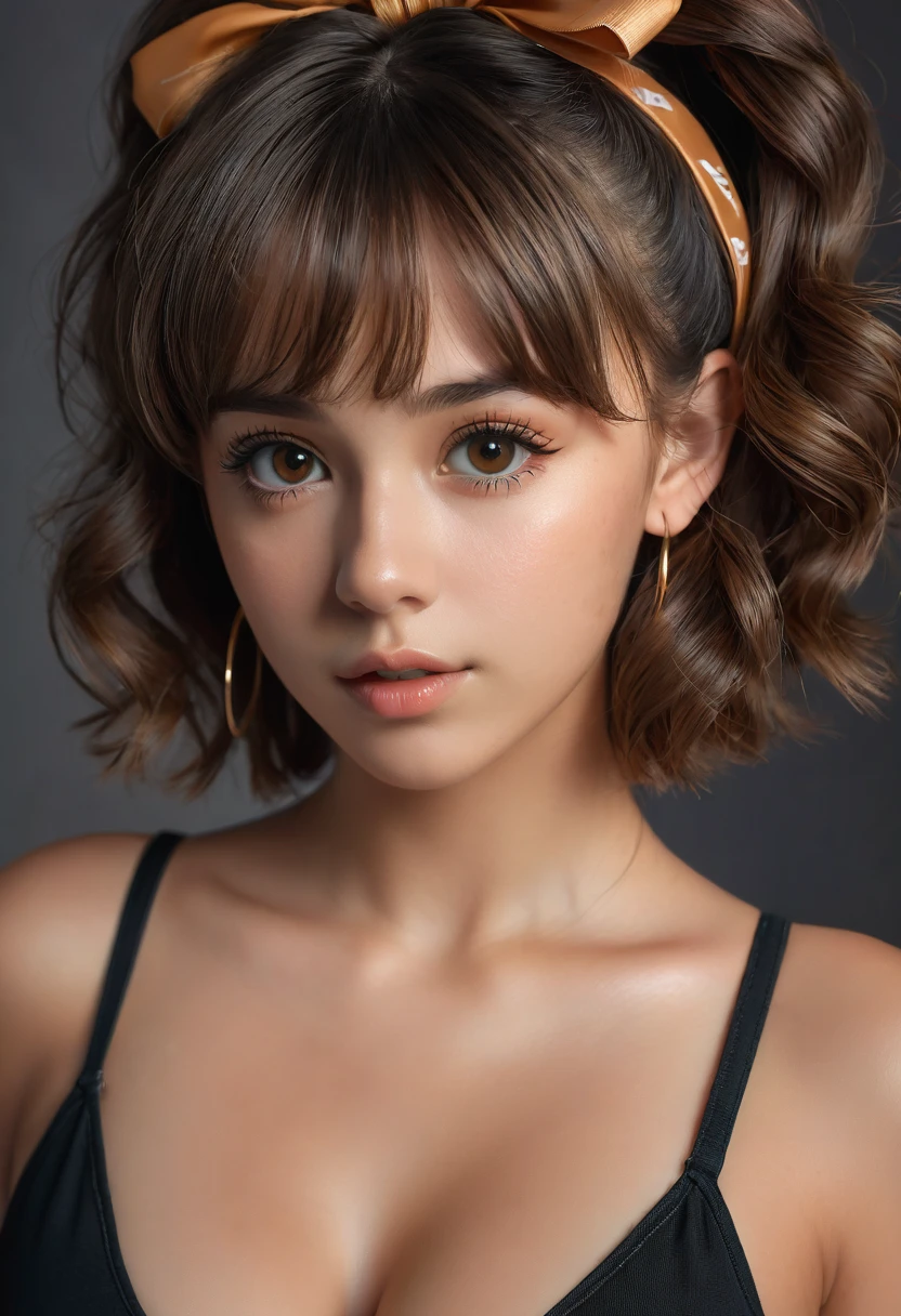 (best quality, 4k, highres, highres face details),18 yrs old, 1girl, solo, athletic figure, tan skin, perfect nose, perfect lips, fake lashes, modest bust size, deep cleavage, pretty face, cute face, wearing a black bikini, wearing jean shorts, brown hair, short curly hair, crossed bangs, brown eyes, constricted pupils, hair ribbon, hoop earrings, cinematic lighting, Ultra-Wide Angle, Canon, Hyperrealism, UHD, masterpiece, textured skin, high details, best quality, detailed eyes, detailed iris, full body image