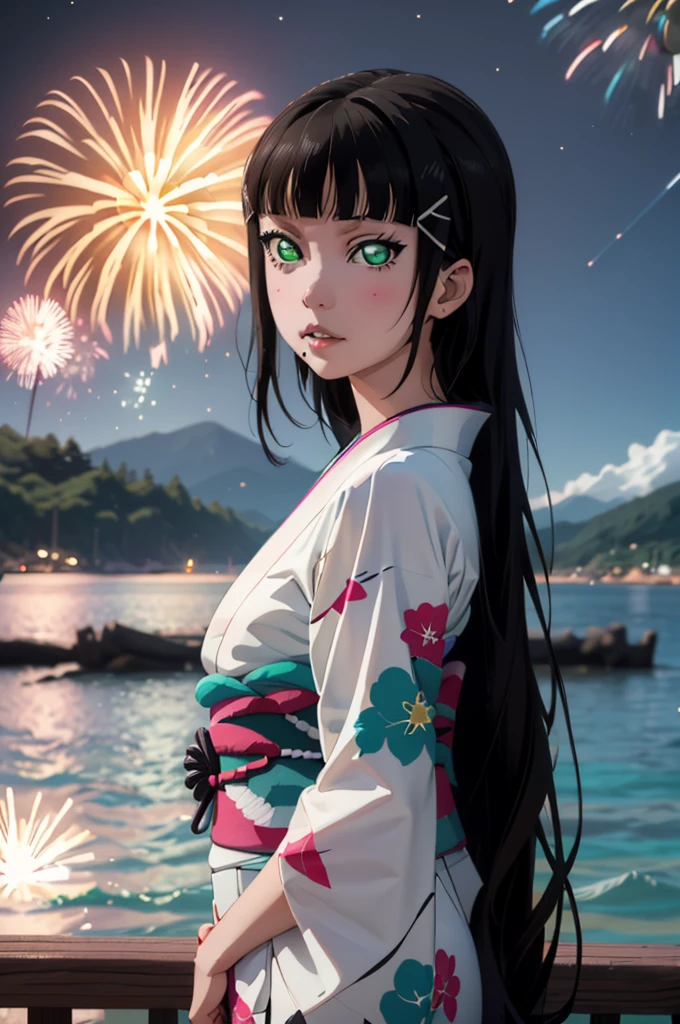 Create an illustration of Dia Kurosawa from Love Live! Sunshine!!. She has long black hair and green eyes, and she's wearing a yukata. In the background, there are fireworks in the night sky, with the ocean and mountains in the distance. 