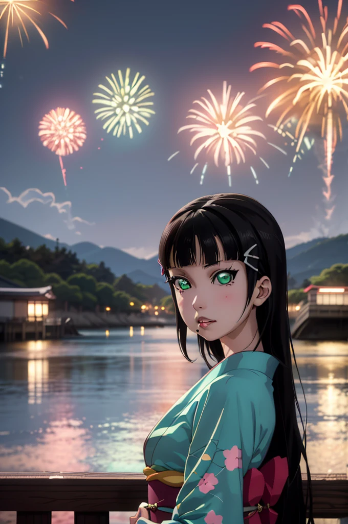 Create an illustration of Dia Kurosawa from Love Live! Sunshine!!. She has long black hair and green eyes, and she's wearing a yukata. In the background, there are fireworks in the night sky, with the ocean and mountains in the distance. 