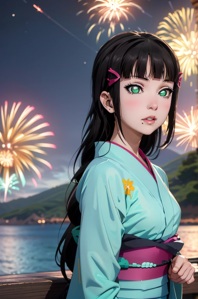 Create an illustration of Dia Kurosawa from Love Live! Sunshine!!. She has long black hair and green eyes, and she's wearing a yukata. In the background, there are fireworks in the night sky, with the ocean and mountains in the distance. 