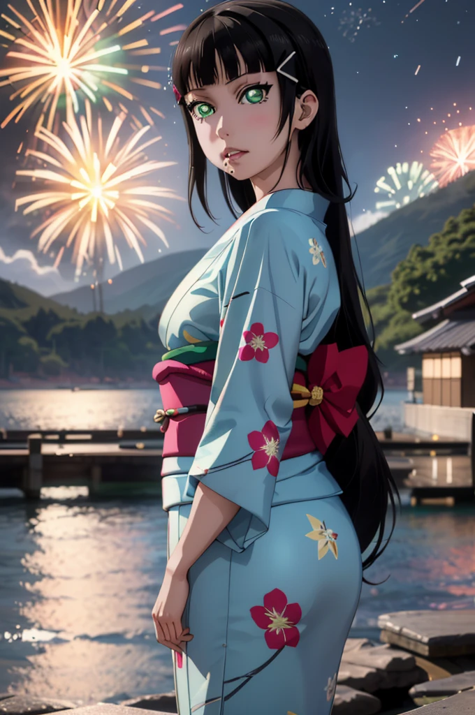 Create an illustration of Dia Kurosawa from Love Live! Sunshine!!. She has long black hair and green eyes, and she's wearing a yukata. In the background, there are fireworks in the night sky, with the ocean and mountains in the distance. 