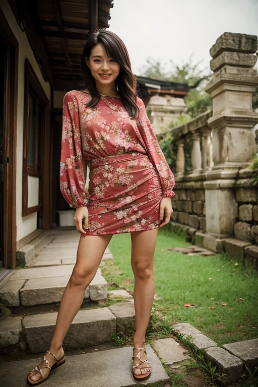 Familiar,Sharp lines,Highest quality, masterpiece、ancient ruins、Dark Light、Canon Photo Crystal Clear ,(Realistically:1.2), (Casual micro mini skirt dress in red floral print)、Action pose、Take a full body photo、Lazy Smile、Attractive person、Medium Layered Hair