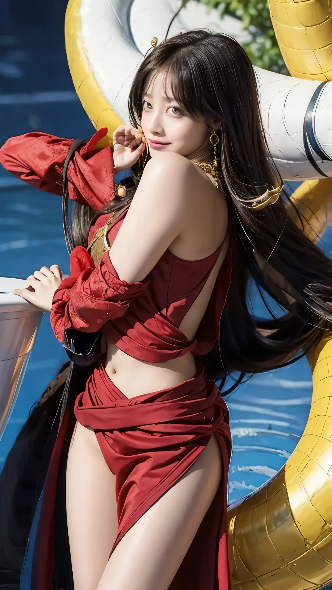 Moisturized skin, (Pink and bright eyes), (Looking down on people), Perfect body,
BREAK,
(Beautiful navel), (Side slit), (Epaulets), Cape, Crop top, Cloak,
BREAK,
(Super long hair), (Large gold and curved earrings: 1.2),
BREAK,
(((Masterpiece + Best quality + High resolution + Very detailed))), (Full body: 1.2), Symmetrical, One shot,
BREAK,
(On the ship: 1.3),
BREAK,
(ONE PIECE), (Hashimoto Kanna: 1.4), (Boa Hancock: 1.3), ((Large snake)),