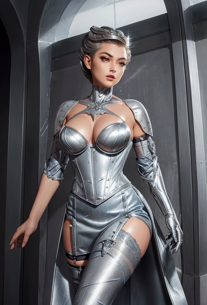 beautiful and sensual Steelheart of the silverhawks, in silver metallic gothic warrior costume. Steelheart, silver shirt with striped sleeves, denim jacket, silver skirt, denim skirt, black stockings, silver boots, mid riff, silver gloves, long blonde hair, ,ruanyi0788,garter belt,garter straps,lingerie,latex,underboob,black bra,thigh strap, bandeau, harem outfit,detached sleeves, bridal gauntlets, silver footwear
