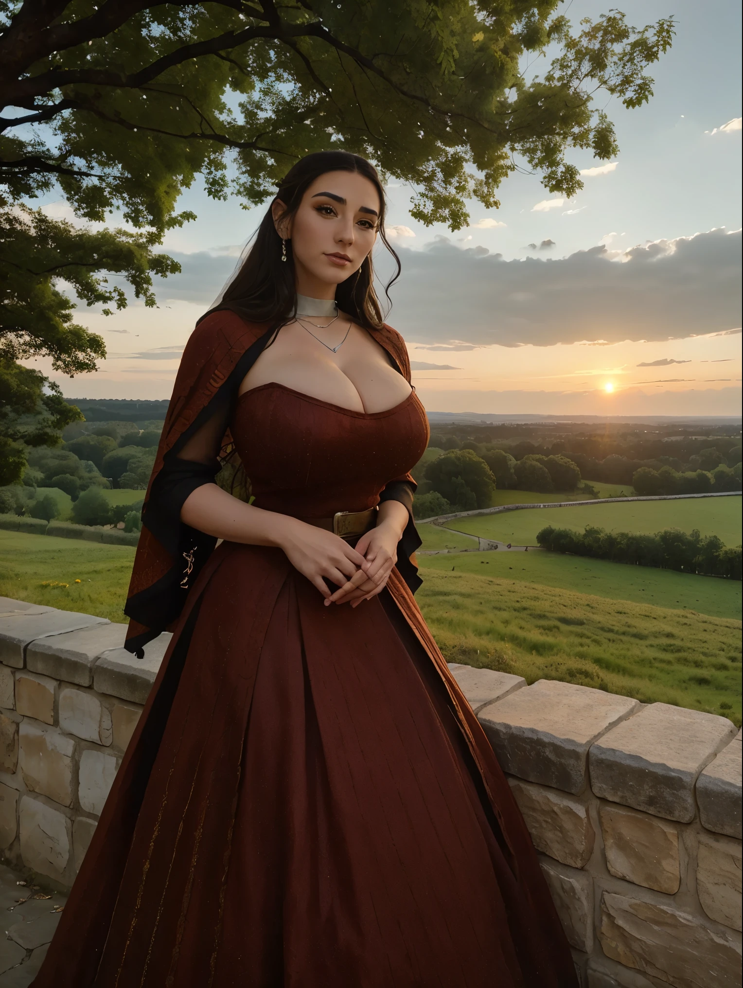 Gorgeous and sultry busty athletic (thin) brunette queen with sharp facial features wearing a modest updo, dark red medieval dress, long sleeves, intricate patterns, scrollwork, wide neck, crown, veil, long dress, modest dress, tight bodice, silver belt, (waist chain), medieval jewelry, Middle Ages, castle, rampart, wall, exterior, on top of a castle wall, trees, countryside, evening, sunset.