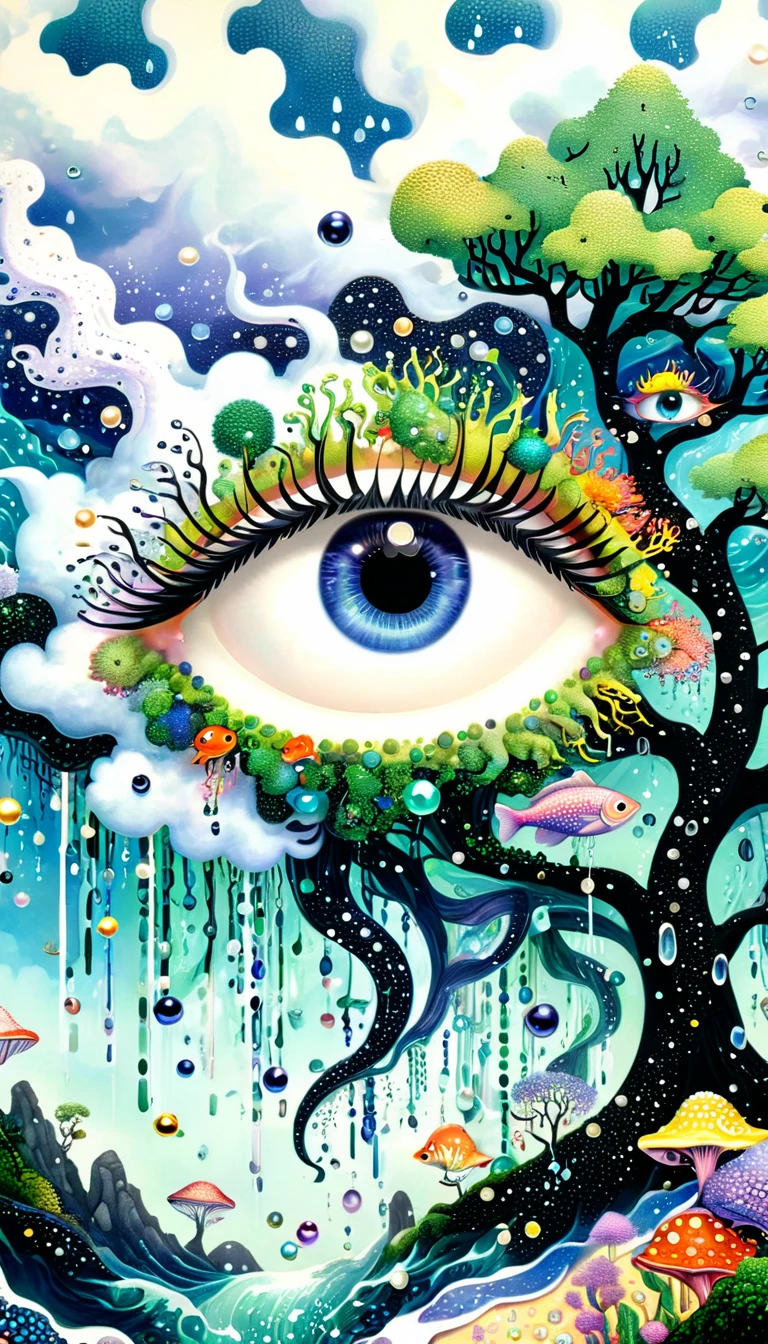 Broto art style,Strong visual fusion of multiple elements,来自star的艺术家,Colorful black,Dopamine color scheme,house、Eye、Colored Contact Lenses、Tree、pearl bead curtain、pearl、star、cloud、fish、Spore powder、Ocean、rain、Tentacles,Describing the inner world of autistic people,Intensive Pointillism method。Smooth lines。interesting,Strange illustration。Pointillism method。Strong contrast。Award-winning works。