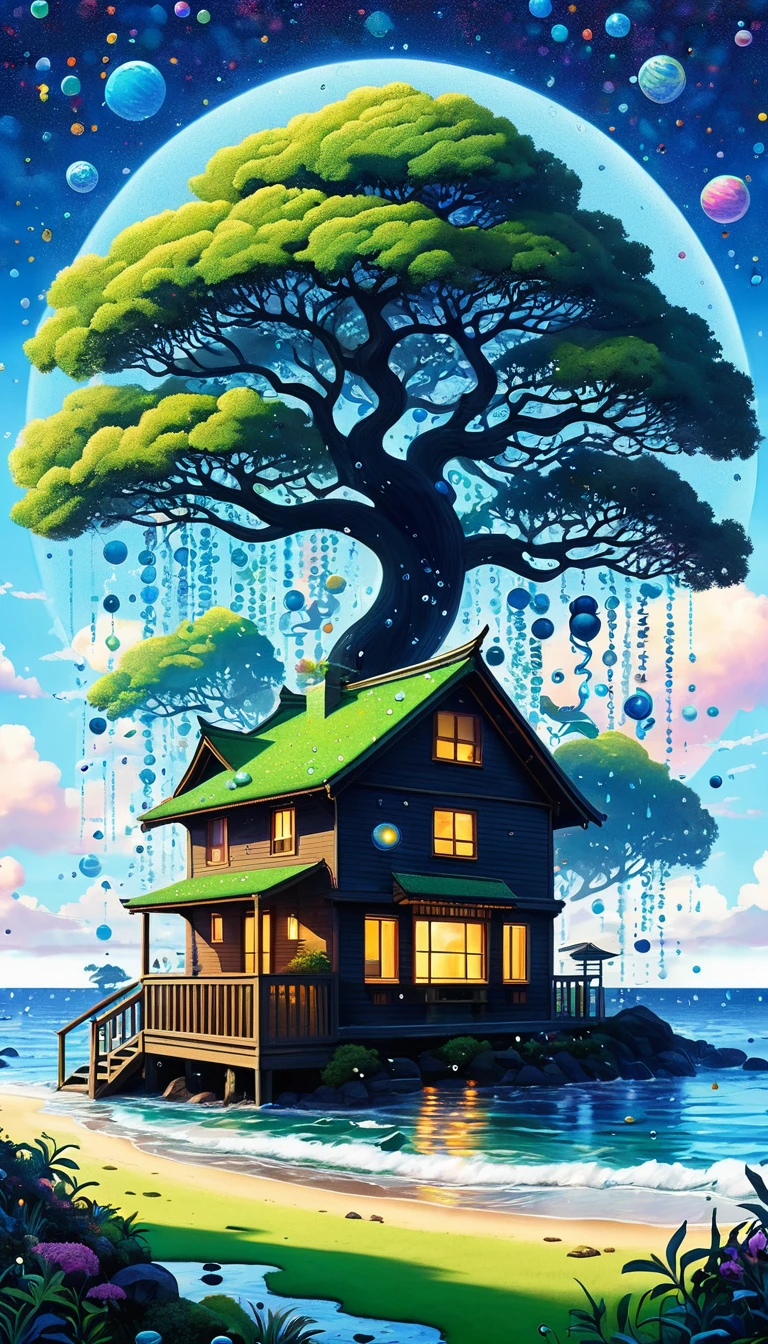 Broto art style，Strong visual fusion of multiple elements，来自Star的艺术家，Colorful black，Dopamine color scheme，house、Eye、Tree、pearl珠帘、pearl、Star、cloud、fish、Spore powder、Ocean、rain、Tentacles，Describing the inner world of autistic people，密集Pointillism method。Smooth lines。interesting，Strange illustration。Pointillism method。Strong contrast。Award-winning works。