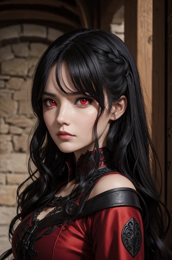 Woman 25 years old, bright red eyes, half demon , clothing medieval war dress, frown, wavy black hair
