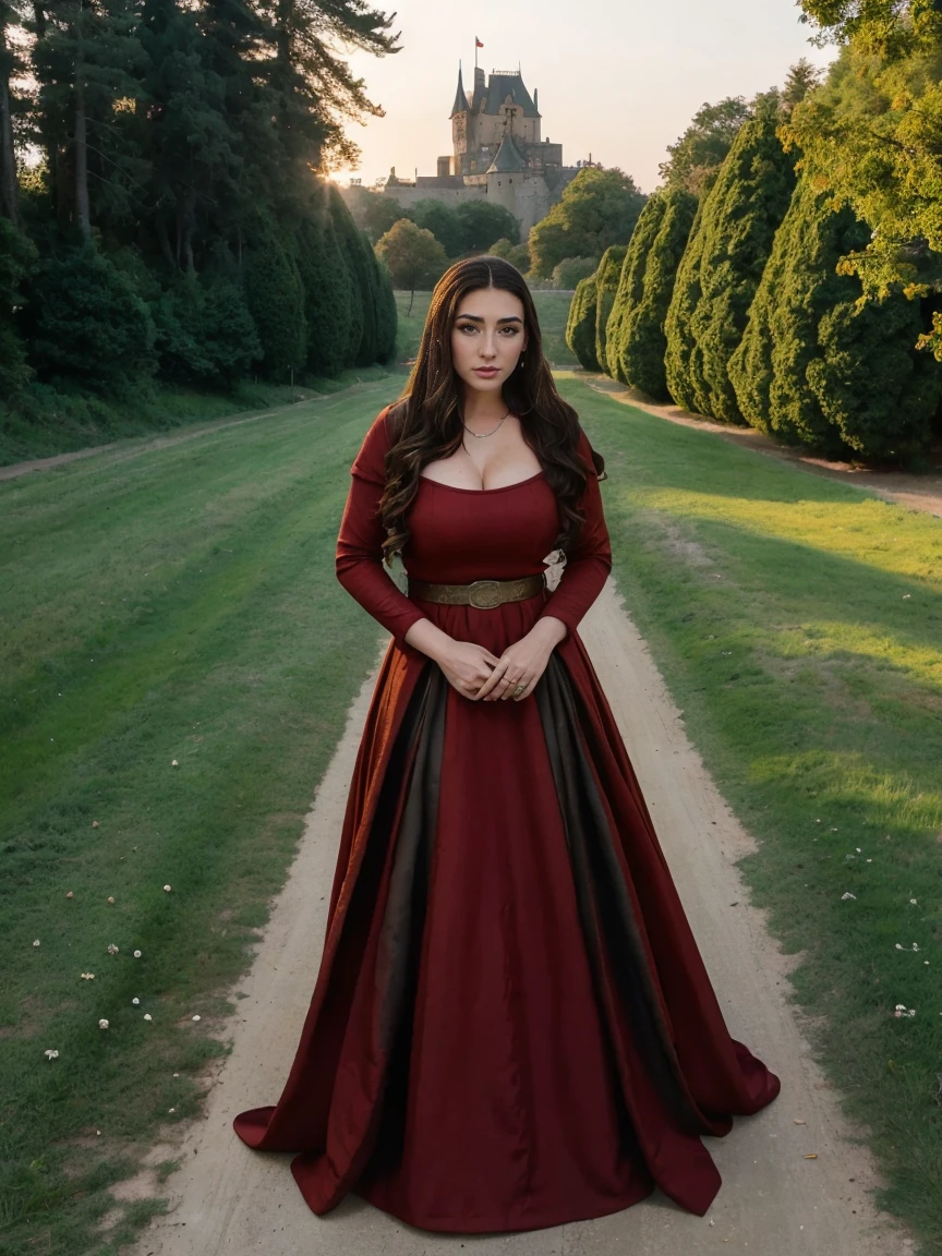 Gorgeous and sultry busty athletic (thin) brunette queen with sharp facial features wearing a modest updo, dark red medieval dress, long sleeves, intricate patterns, scrollwork, wide neck, crown, veil, long dress, modest dress, tight bodice, silver belt, (waist chain), medieval jewelry, Middle Ages, castle, rampart, wall, exterior, on top of a castle wall, trees, countryside, evening, sunset.