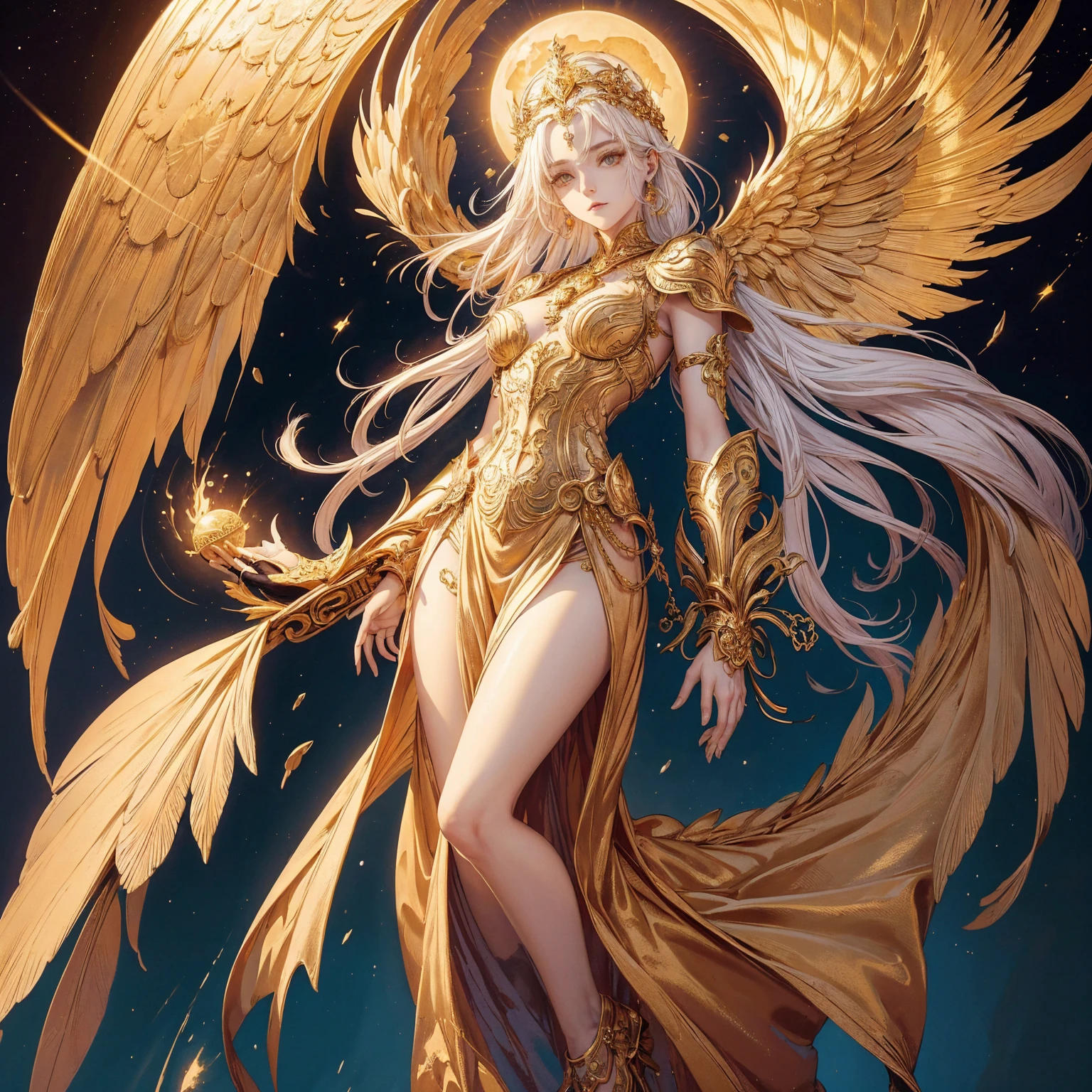 The goddess wearing the sun crown looks down at the art of the mortal world, Wearing a gorgeous golden breastplate that exposes a small amount of skin above the chest, Wearing a gorgeous golden dress, A pair of giant angel wings taller than the body spread out behind the woman., ancient goddess art, Sacredness. Very detailed, Mysterious inspiration, Inspiration from the Sun God, Religious inspiration, A divine background, Cold and snobbish face, Dangerous expressions, White hair, Standing pose floating in the air, Divine power gathers in the palm of a woman&#39;s hand, A brilliant sphere as bright as the sun, Full body portrait, Gothic art style, Weird art style, Occult art