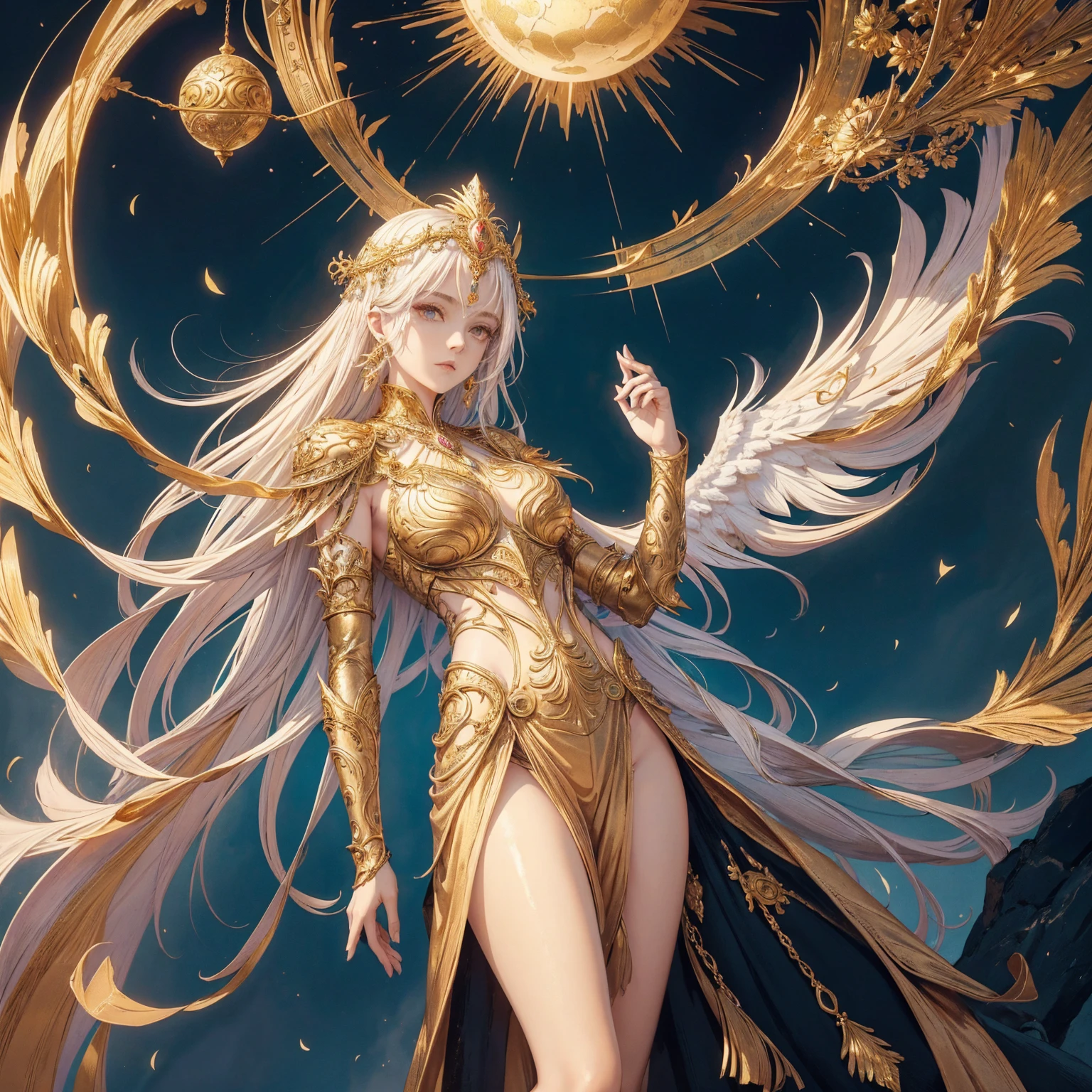 The goddess wearing the sun crown looks down at the art of the mortal world, Wearing a gorgeous golden breastplate that exposes a small amount of skin above the chest, Wearing a gorgeous golden dress, A pair of giant angel wings taller than the body spread out behind the woman., ancient goddess art, Sacredness. Very detailed, Mysterious inspiration, Inspiration from the Sun God, Religious inspiration, A divine background, Cold and snobbish face, Dangerous expressions, White hair, Standing pose floating in the air, Divine power gathers in the palm of a woman's hand, A brilliant sphere as bright as the sun, Full body portrait, Gothic art style, Weird art style, Occult art