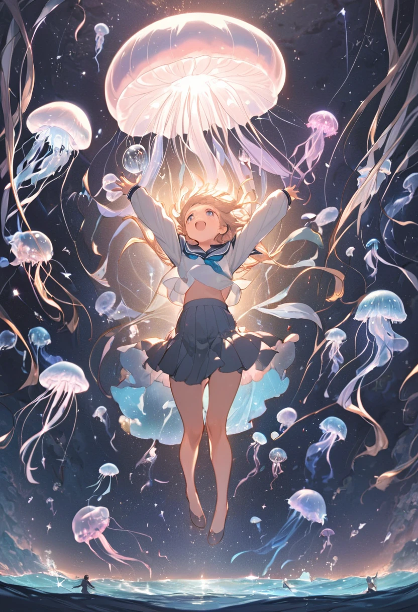 full body , from upper ,arms raised in the air ,light particles ,long tired rando hair ,sideburns , gradient eyes ,looking up ,age ,happy ,serafuku ,{{{masterpiece}}}, {{{best quality}}}, {{ultra-detailed}}, {illustration}, {{an extremely delicate and beautiful}},night,flying dolphin, white whale,absurdres,hires,ultra detailed,blue jellyfish, giant jellyfish, flying jellyfish, 6 ye{{bubble}}}}},Jellyfish that glows in blue,Sea of stars, shooting stars, schools of fish