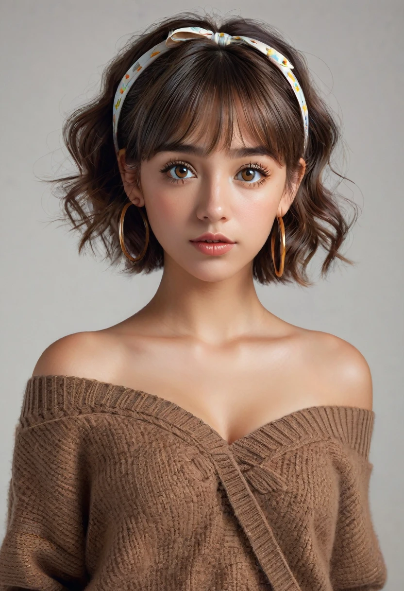 (best quality, 4k, highres, highres face details), 18 yrs old, 1girl, solo, athletic figure, tan skin, perfect nose, perfect lips, fake lashes, modest bust size, deep cleavage, cute face, wearing an off the shoulder brown sweater, midriff showing ,wearing jean shorts, brown hair, short curly hair, crossed bangs, brown eyes, constricted pupils, hair ribbon, hoop earrings, cinematic lighting, Ultra-Wide Angle, Canon, Hyperrealism, UHD, masterpiece, textured skin, high details, best quality, detailed eyes, detailed iris, full body image