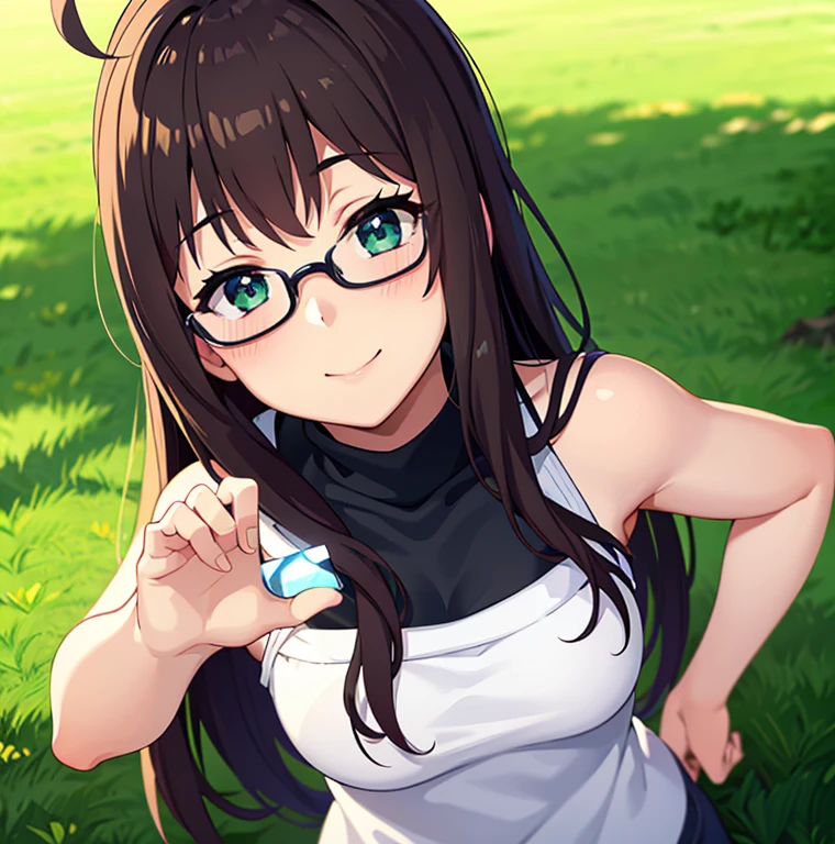 1girl,alone,,( 4k detailed), (masterpiece), (ultra quality), (ultra detailed), (best illustration), (best shadow), (extremely detailed), (absurdities), (detailed background) , alone, long hair,  turtleneck, smile, under-rimmed glasses, black hair, bare shoulders, brown hair, antenna hair, sleeveless turtleneck, big beasts, green eyes, green sweater, looking at viewer, head on, focus on breasts, pov (front view), innocent smile, blush, outdoors, night, sexy body, sexy posture, perfect anatomy, perfect hands