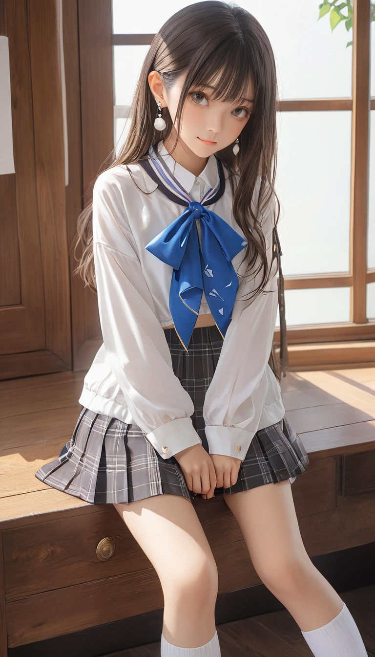 (masterpiece, Highest quality:1.2), One girl, alone,bony body、15 years old、Earrings、 (zettai ryouiki:1.4)