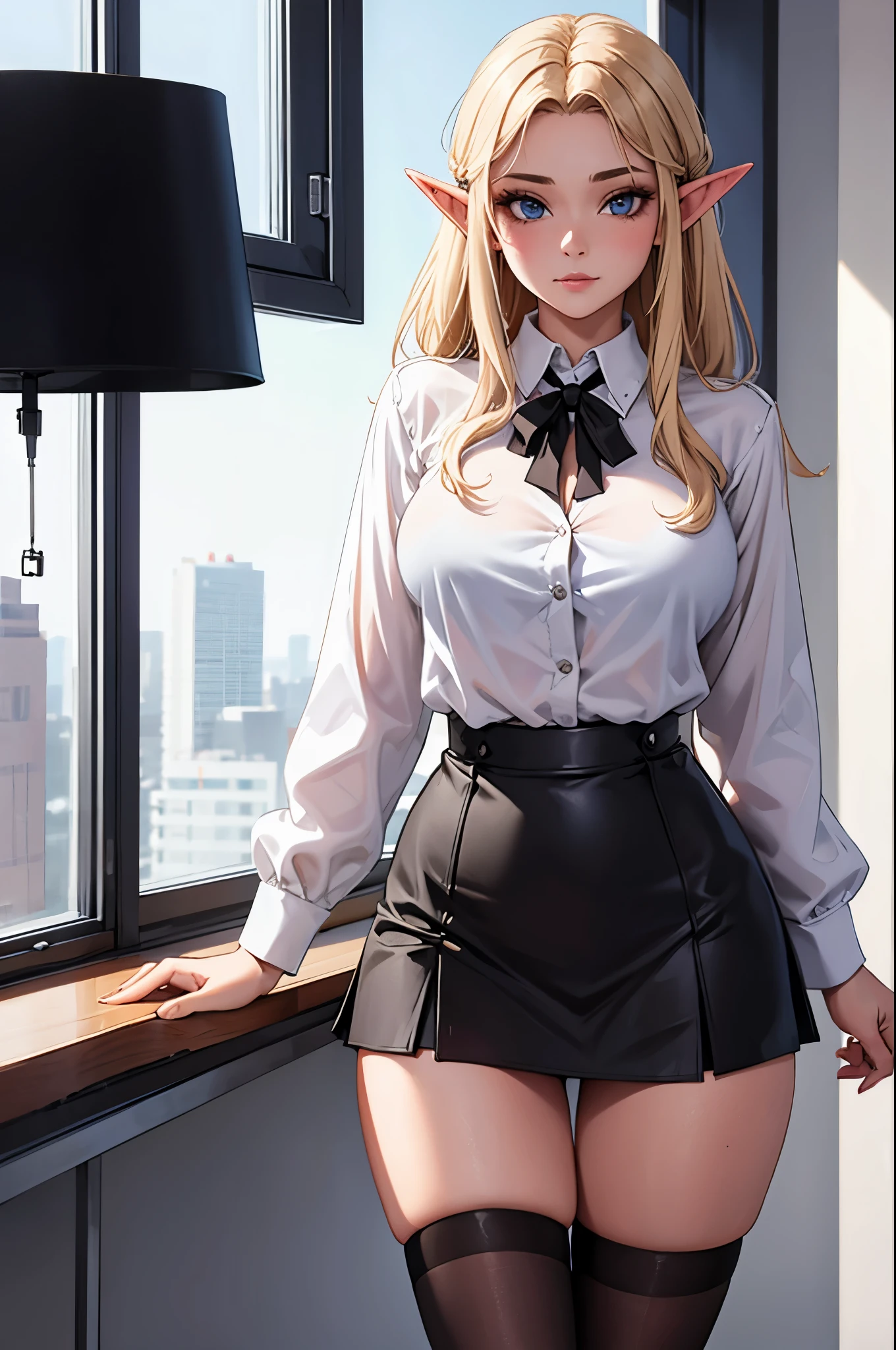 20 year old girl, black office miniskirt, white transparent blouse unbuttoned, Elf&#39;s ears, naked