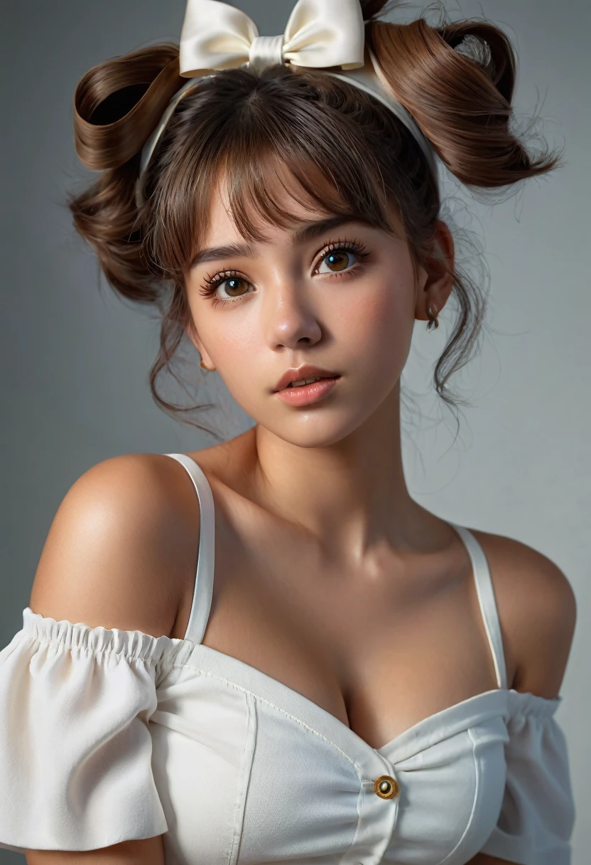 (best quality, 4k, highres, highres face details),18 yrs old, 1girl, solo, athletic figure, tan skin, perfect nose, perfect lips, fake lashes, modest bust size, deep cleavage, pretty face, cute face, wearing an off the shoulder white shirt, midriff showing ,wearing jean shorts, brown hair, short curly hair, crossed bangs, brown eyes, constricted pupils, hair ribbon, hoop earrings, cinematic lighting, Ultra-Wide Angle, Canon, Hyperrealism, UHD, masterpiece, textured skin, high details, best quality, detailed eyes, detailed iris, full body image