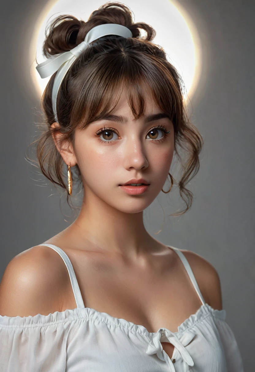 (best quality, 4k, highres, highres face details),18 yrs old, 1girl, solo, athletic figure, tan skin, perfect nose, perfect lips, fake lashes, modest bust size, deep cleavage, pretty face, cute face, wearing an off the shoulder white shirt, midriff showing ,wearing jean shorts, brown hair, short curly hair, crossed bangs, brown eyes, constricted pupils, hair ribbon, hoop earrings, cinematic lighting, Ultra-Wide Angle, Canon, Hyperrealism, UHD, masterpiece, textured skin, high details, best quality, detailed eyes, detailed iris, full body image