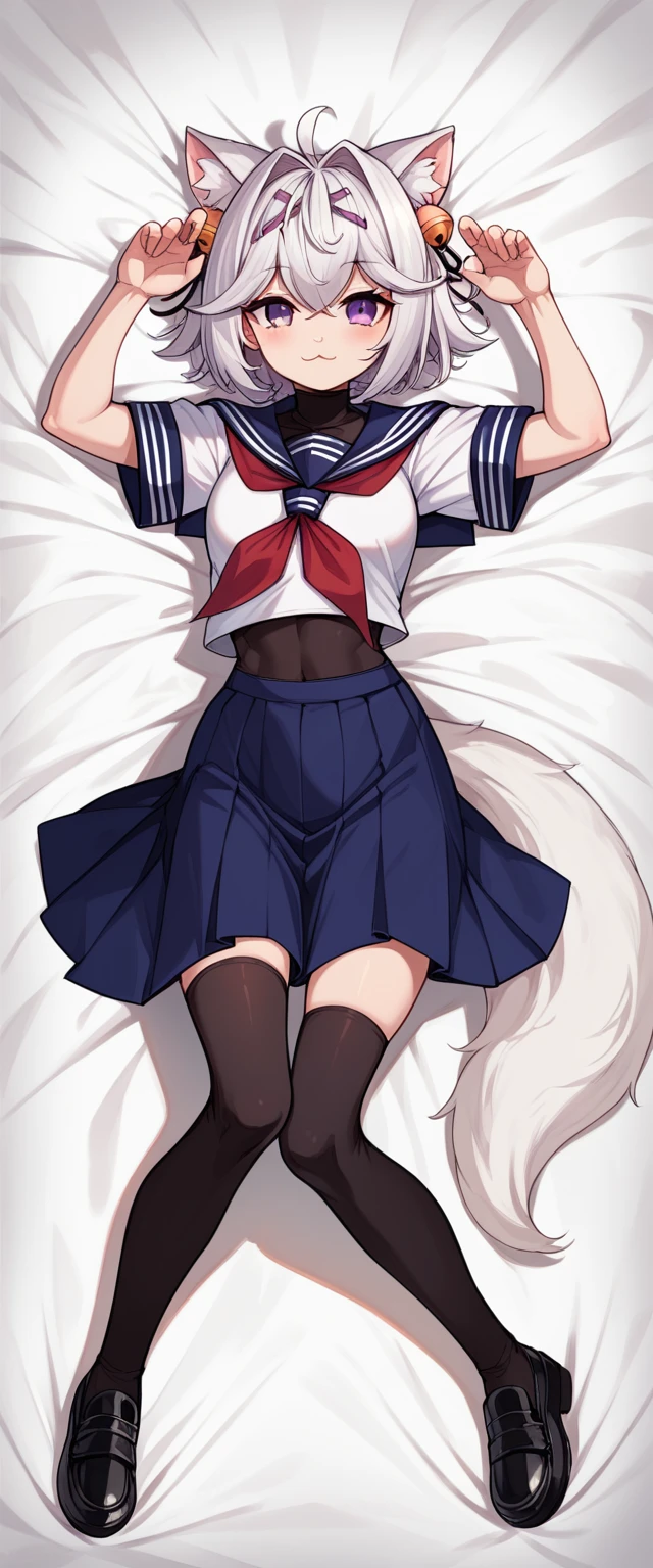 Messy Bed, 1girl, solo, FilianSailor, fluffy fox tail, cat ears, white hair, short hair, ahoge, hairclip, hair bell, big purple eyes, slight blush, half smile, serafuku, red neckerchief, swimsuit under clothes, covered navel, blue skirt, black thighhigh, school black shoes with heals, full body pose, cute pose, arms on the waist, lying on bed, body pillow style, dakimakura