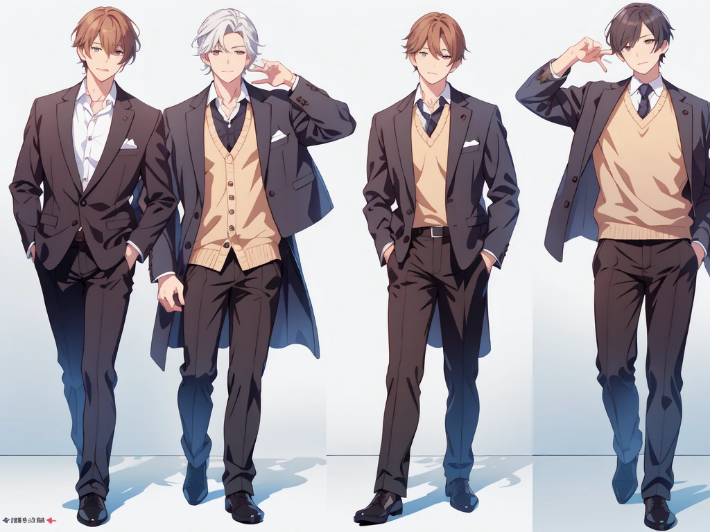 ((((best quality)))) , ((whole body)), 4 Boys, Adult male, multiple views, White background, Various hairstyles, Various fashion styles, Sexy pose, Fashionable atmosphere, Spring Clothing,Walking posture, Extremely detailed CG, trousers, sweater