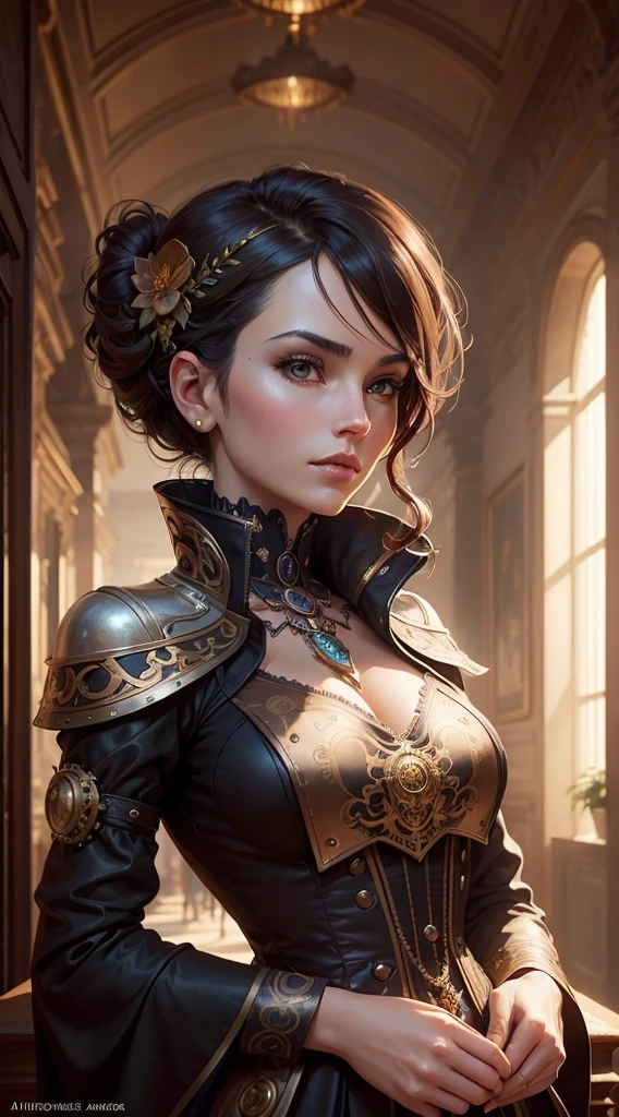 photo the (( )), wearing an elegant dress with steampunk items, today in Paris , Intricate, elegant, Very detailed, Digital paint, art station, Conceptual art, seeds, sharp focus, ilu0.8ation, Art by Artgerm and Greg Rutkowski and Alphonse Mucha
