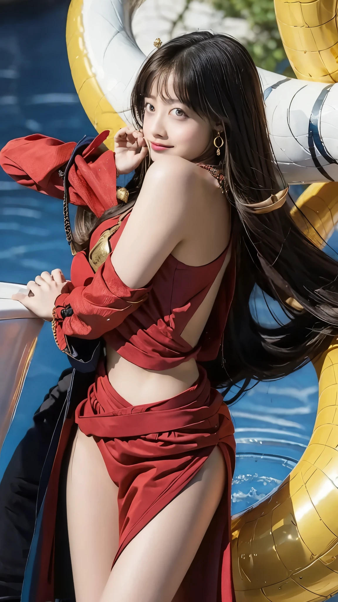Moisturized skin, (Pink and bright eyes), (Looking down on people), Perfect body,
BREAK,
(Beautiful navel), (Side slit), (Epaulets), Cape, Crop top, Cloak,
BREAK,
(Super long hair), (Large gold and curved earrings: 1.2),
BREAK,
(((Masterpiece + Best quality + High resolution + Very detailed))), (Full body: 1.2), Symmetrical, One shot,
BREAK,
(On the ship: 1.3),
BREAK,
(ONE PIECE), (Hashimoto Kanna: 1.4), ((Large snake)),