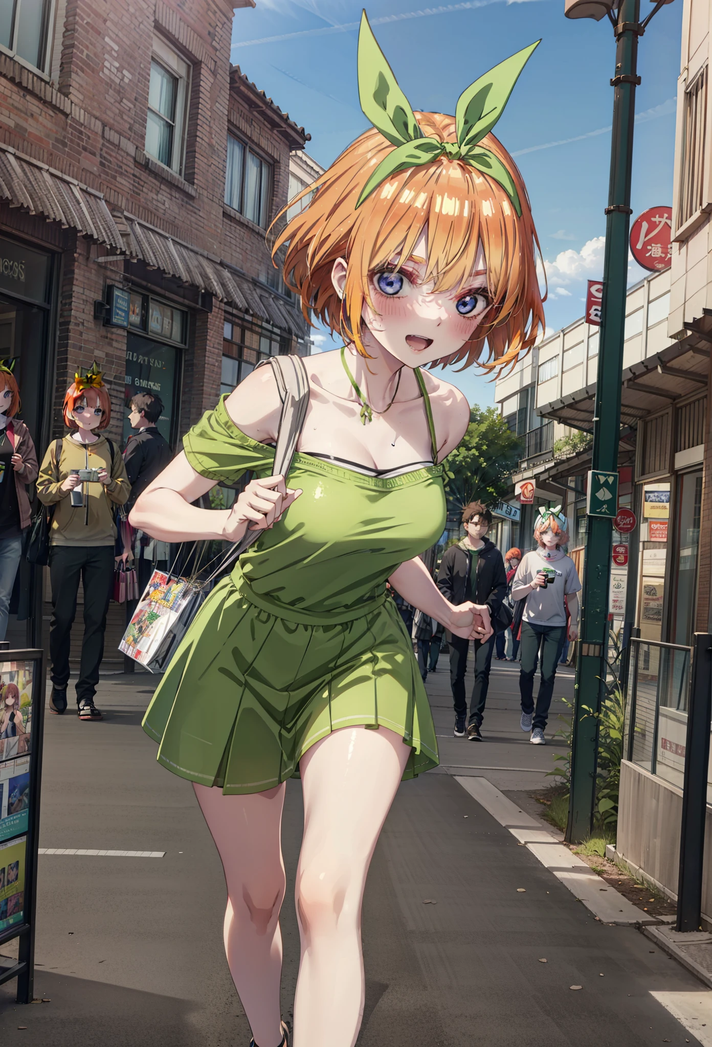 Yotsubanakano, Fourth floor Nakano, bangs, short hair, blue eyes, Hair between the eyes, hair ribbon, hair band, Orange Hair, (Green ribbon:1.5), smile, Open your mouth,blush,Cold Shoulder Shirt,Short sleeve,mini skirt,Heeled Sandals,Walking,True Summer,Clear skies,Daytime,Palm tree,whole bodyがイラストに入るように,
break outdoors, tropical,Tropical,Shopping Street,Shopping mall,
break looking at viewer,whole body, 
break (masterpiece:1.2), Highest quality, High resolution, unity 8k wallpaper, (figure:0.8), (Beautiful attention to detail:1.6), Highly detailed face, Perfect lighting, Highly detailed CG, (Perfect hands, Perfect Anatomy),