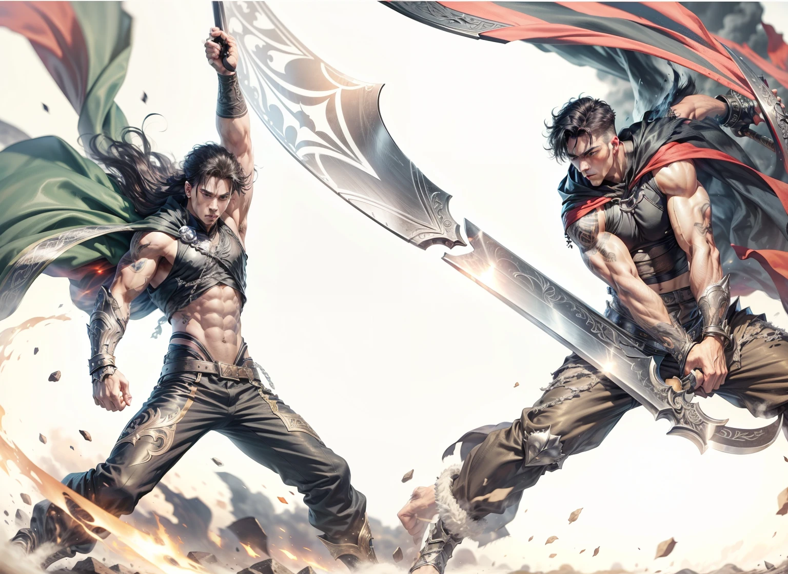 1boy, 26 Years old, Serious face, black hair, long hair, muscular, shirtless, ((black long pants)), holding giant sword, blue sky, cloud