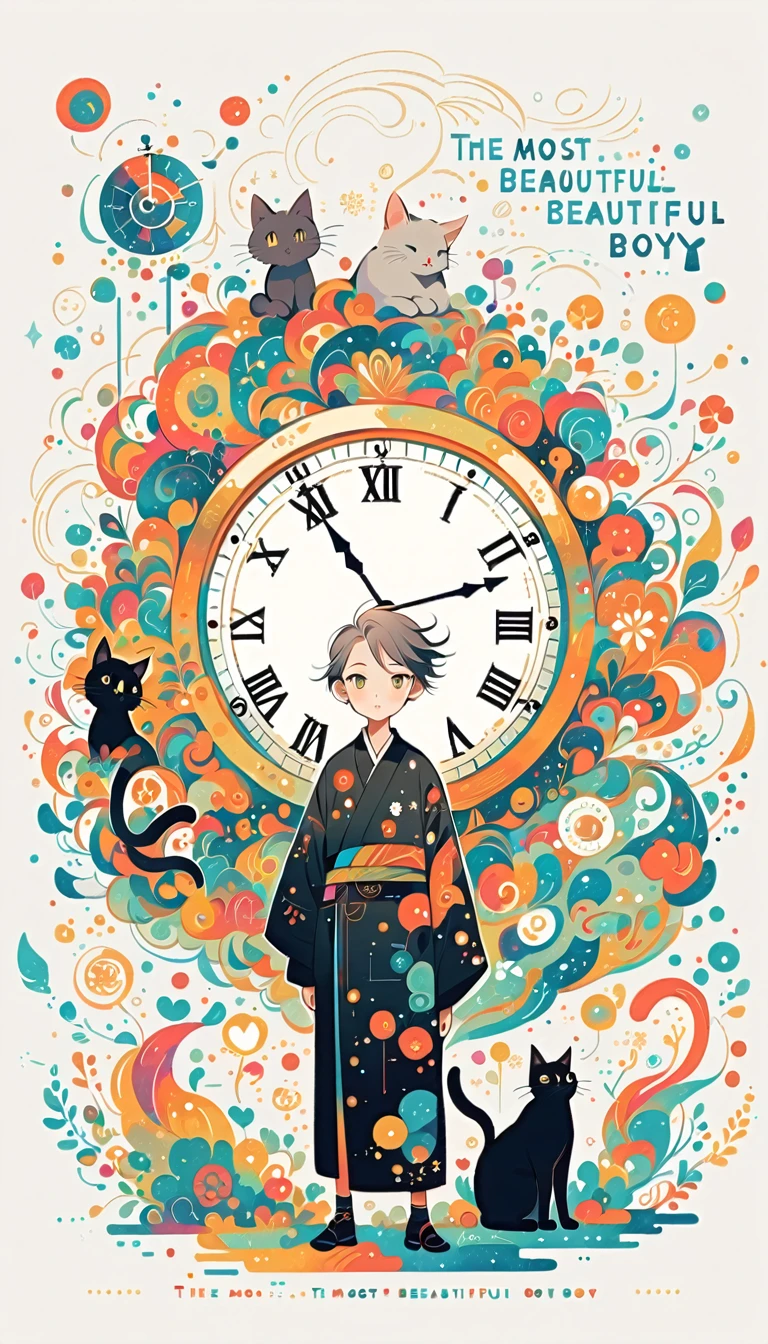 white background, Fujichoco style, black kimono, (((the most beautiful boy, Detailed wording))),  gray hair, shining pupils, ((big clock, cat)), vivid colors, white background, simple background, full body, Simple line initialism,