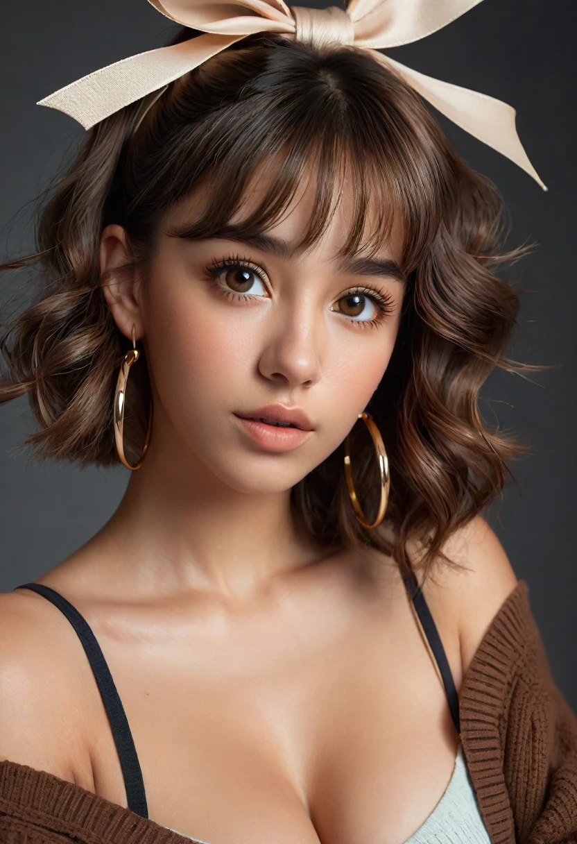(best quality, 4k, highres, highres face details), 18 yrs old, 1girl, solo, athletic figure, tan skin, hoop earrings, perfect nose, perfect lips, fake lashes, modest bust size, deep cleavage, cute face, wearing an off the shoulder brown sweater, midriff showing ,wearing jean shorts, brown hair, short curly hair, crossed bangs, brown eyes, constricted pupils, hair ribbon, hoop earrings, cinematic lighting, Ultra-Wide Angle, Canon, Hyperrealism, UHD, masterpiece, textured skin, high details, best quality, detailed eyes, detailed iris, full body image