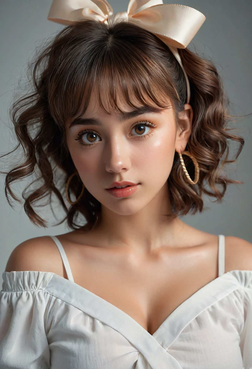 (best quality, 4k, highres, highres face details),18 yrs old, 1girl, solo, athletic figure, tan skin, hoop earrings, perfect nose, perfect lips, fake lashes, modest bust size, deep cleavage, pretty face, cute face, wearing an off the shoulder white shirt, midriff showing ,wearing jean shorts, brown hair, short curly hair, crossed bangs, brown eyes, constricted pupils, hair ribbon, hoop earrings, cinematic lighting, Ultra-Wide Angle, Canon, Hyperrealism, UHD, masterpiece, textured skin, high details, best quality, detailed eyes, detailed iris, full body image