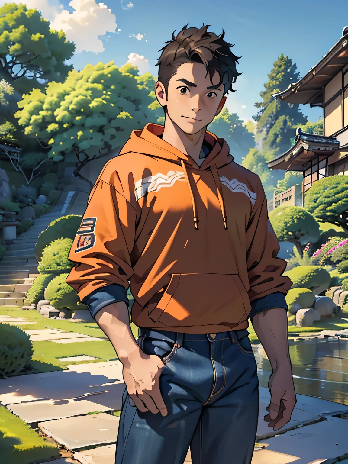 ((masterpiece)), ((best quality)), (ultra-detailed), (((((Garden of Japan house, Not in the shade, Landscape, cowboy shot))))), (8k, ultra-detailed, 1boy,  boy, worm eyes, Natural smile), Young boy, ((((solo, Height: 168cm, 6.5 heads, baby face, n, Toned body)))), (Black Short hair, brown eyes), Vivid colors, ((A loose fitting plain hoodie, The sleeves reach to the elbows), Denim trousers)