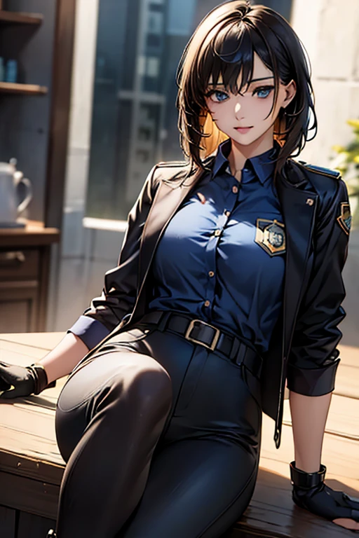 ((Highest quality)),(超High resolution),(Very detailed),(Detailed Description),((The best CG)),(masterpiece),Ultra-detailed art、(Highest quality、8k、32K、masterpiece)、(Realistic)、(Realistic:1.2)、(High resolution)、Very detailed、Very beautiful face and eyes、1 female、Delicate body、(Highest quality、Attention to detail、Rich skin detail)、(Highest quality、8k、Oil paints:1.2)、Very detailed、(Realistic、Realistic:1.37)、Bright colors、"A female police officer from the near future wears a highly functional uniform.。Wearing a dark blue or black tight-fitting jacket、Reflective lines and metallic accents、Built-in protective padding on shoulders and elbows。Badge and ID holder on left chest。Underneath, he wears a moisture-wicking grey or blue shirt.、Contrasting stripes on collar and cuffs。The pants are tight-fitting straight pants made from the same high-performance material as the jacket.、Built-in protective pads on knees and thighs。Wearing a sturdy black belt、Multiple pouches and holsters are attached.、Stores power tools and communication equipment。On her feet, she wears mid-cut black boots that provide good ankle support.。The cap also matches the uniform.、Reflective lines and metallic badges。As an accessory、Impact resistant gloves、Bulletproof glass goggles with night vision function、It also comes with a headset with an integrated earpiece and microphone.。"