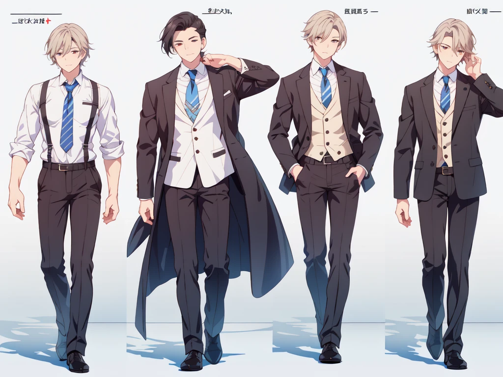 ((((best quality)))) , ((whole body)), 4 Boys, Adult male, multiple views, White background, Various hairstyles, Various fashion styles, hansome,Sexy pose, Fashionable atmosphere, Spring Clothing,Walking posture, Extremely detailed CG, trousers,