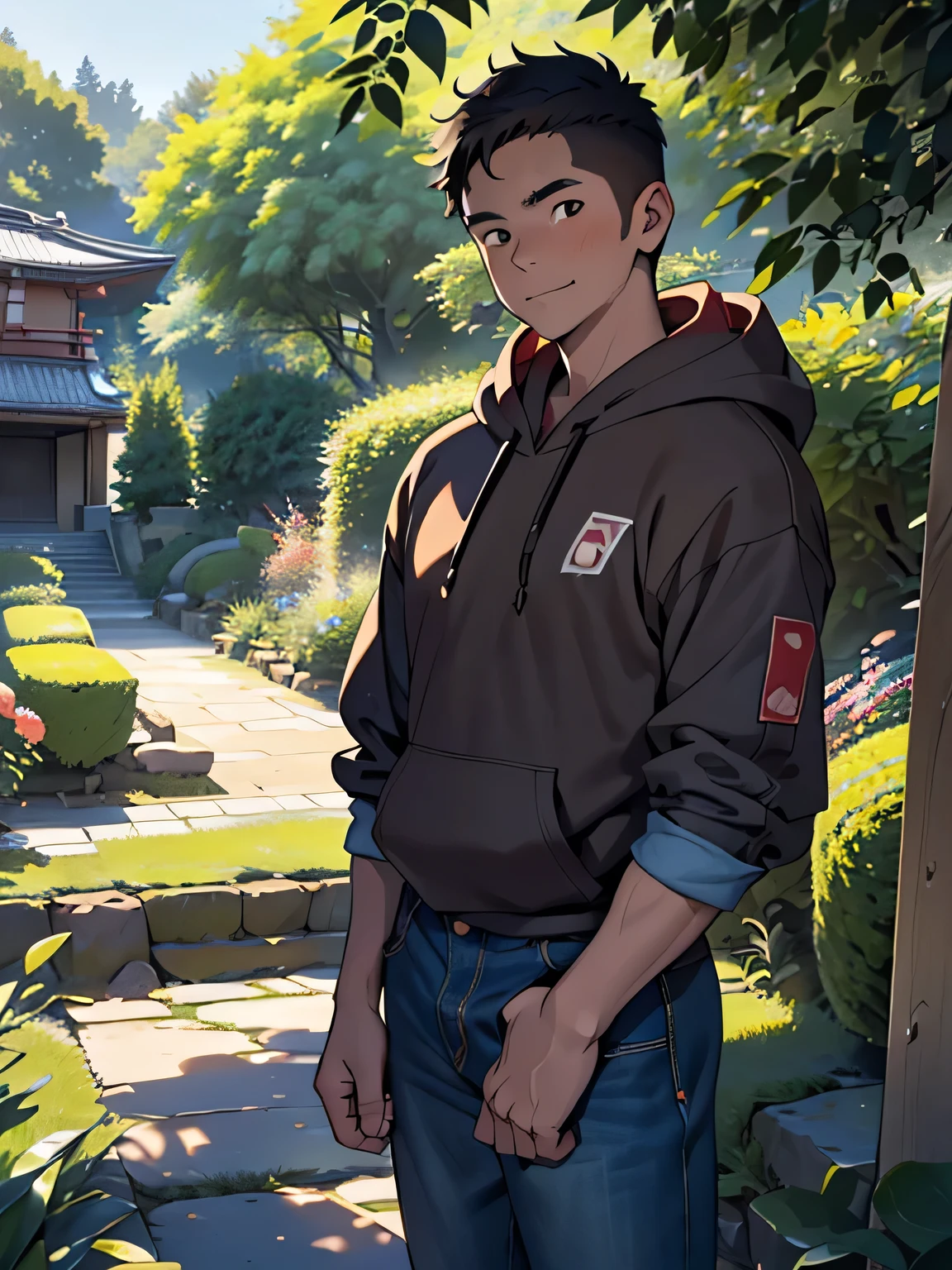 ((masterpiece)), ((best quality)), (ultra-detailed), (((((Garden of Japan house, Not in the shade, Landscape, cowboy shot))))), (8k, ultra-detailed, 1boy, 16 year old boy, worm eyes, Natural smile), Young boy, ((((solo, Height: 168cm, 6.5 heads, baby face, White skin, Toned body)))), (Black Short hair, brown eyes), Vivid colors, ((A loose fitting plain hoodie, The sleeves reach to the elbows), Denim trousers)