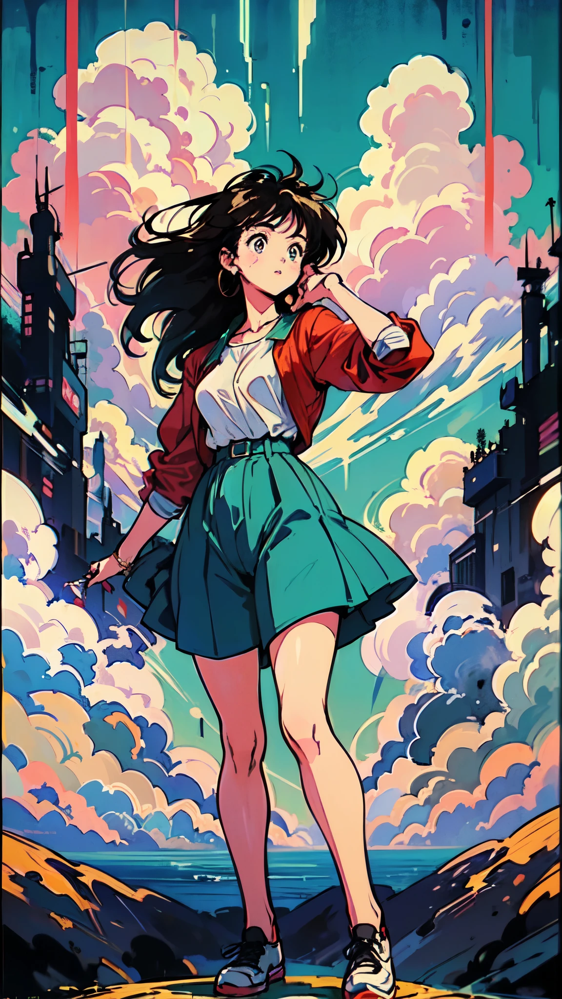 (80's, Retro, Poster:1.5), (masterpiece, 最high quality), (anime, figure), (pastel colour:1.4),
Best Photo Poses, Dynamic Angle, high quality, High resolution, Attention to detail, Haruka is short, Shiny black hair, Sharp brown eyes behind glasses, calm attitude. She is often seen looking immaculate in her .。, arrogant, above knees picture 80’s anime vintage style, Gray background