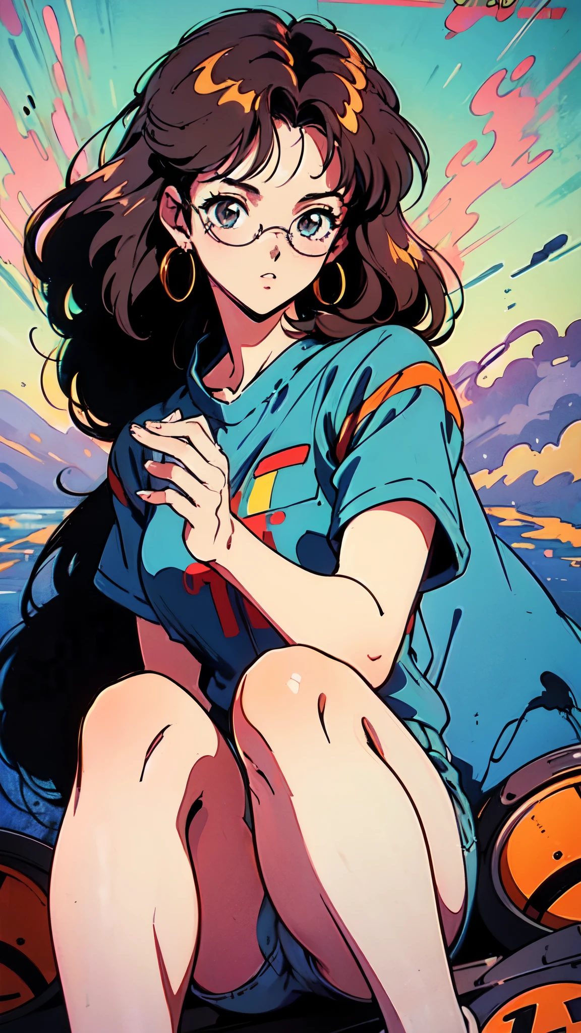 (80's, Retro, Poster:1.5), (masterpiece, 最high quality), (anime, figure), (pastel colour:1.4), Best Photo Poses, Dynamic Angle, high quality, High resolution, Attention to detail, Haruka is short, Shiny orange hair, Sharp brown eyes behind glasses, calm attitude. She is often seen looking immaculate in her .。, arrogant, above knees picture 80’s anime vintage style, Gray background