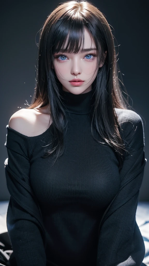 masterpiece, highest quality, Super detailed, Facing the camera, Super detailed, Realistic, Sharp features, Very detailed, Sharp focus, Perfect Face, Perfect Face, Perfect symmetrical perfect eyes, Perfect Plump Lips, Flexible female form, cinematic, Film Light, Super detailed, hyper Realistic, masterpiece, Atmospheric, High resolution, Vibrant, Dynamic Studio Lighting, ((Dark Background)), The expression when enduring pleasure, Straight bangs, Blue eyes,Black sweater, Cowboy Shot,turtleneck、first round、Sexually aroused expression、Clothes with a slit in the chest