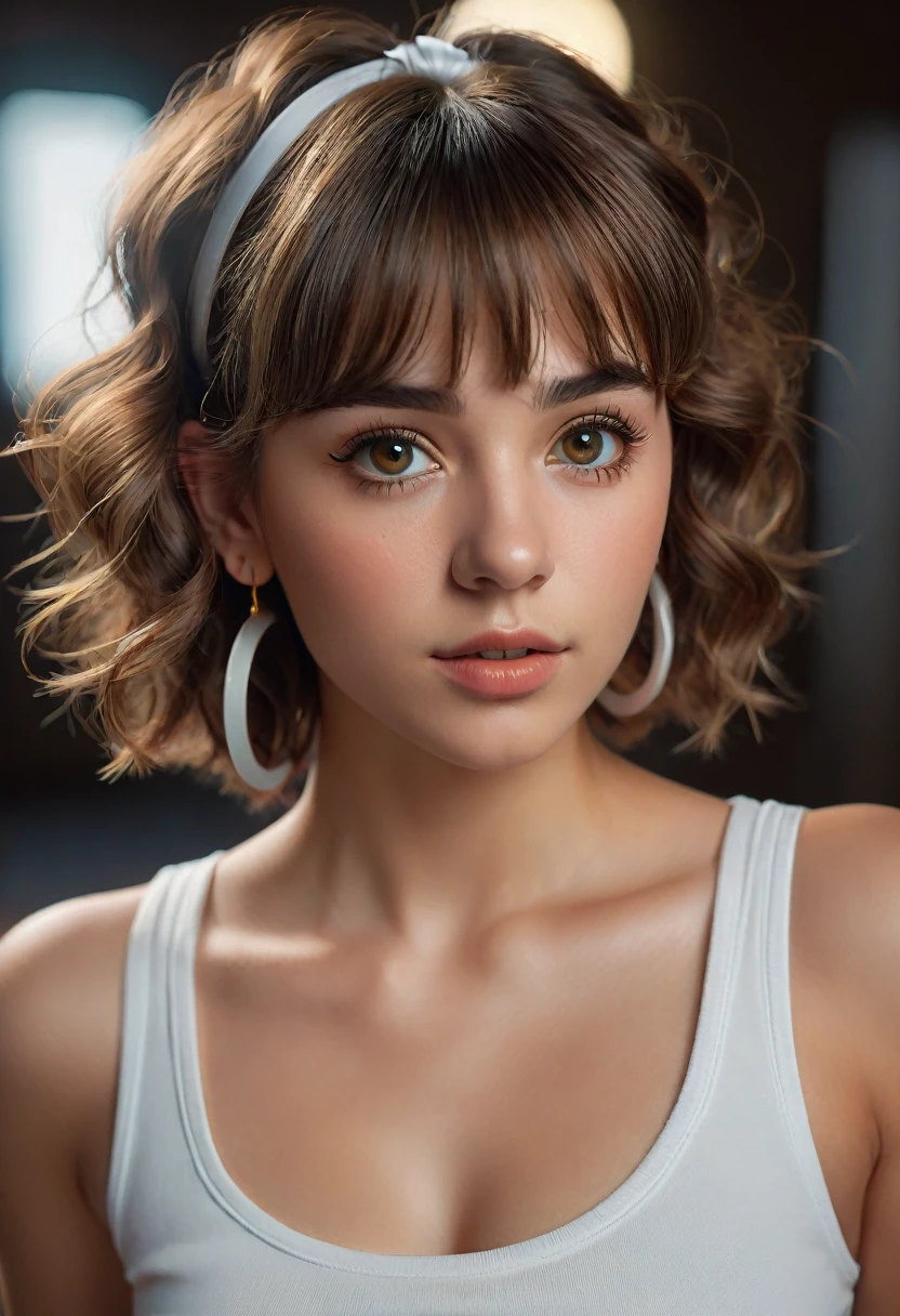 (best quality, 4k, highres, highres face details),18 yrs old, 1girl, solo, athletic figure, tan skin, hoop earrings, perfect nose, perfect lips, fake lashes, modest bust size, deep cleavage, pretty face, cute face, wearing a white T-shirt, midriff showing ,wearing jean shorts, brown hair, short curly hair, crossed bangs, brown eyes, constricted pupils, hair ribbon, hoop earrings, cinematic lighting, Ultra-Wide Angle, Canon, Hyperrealism, UHD, masterpiece, textured skin, high details, best quality, detailed eyes, detailed iris, full body image