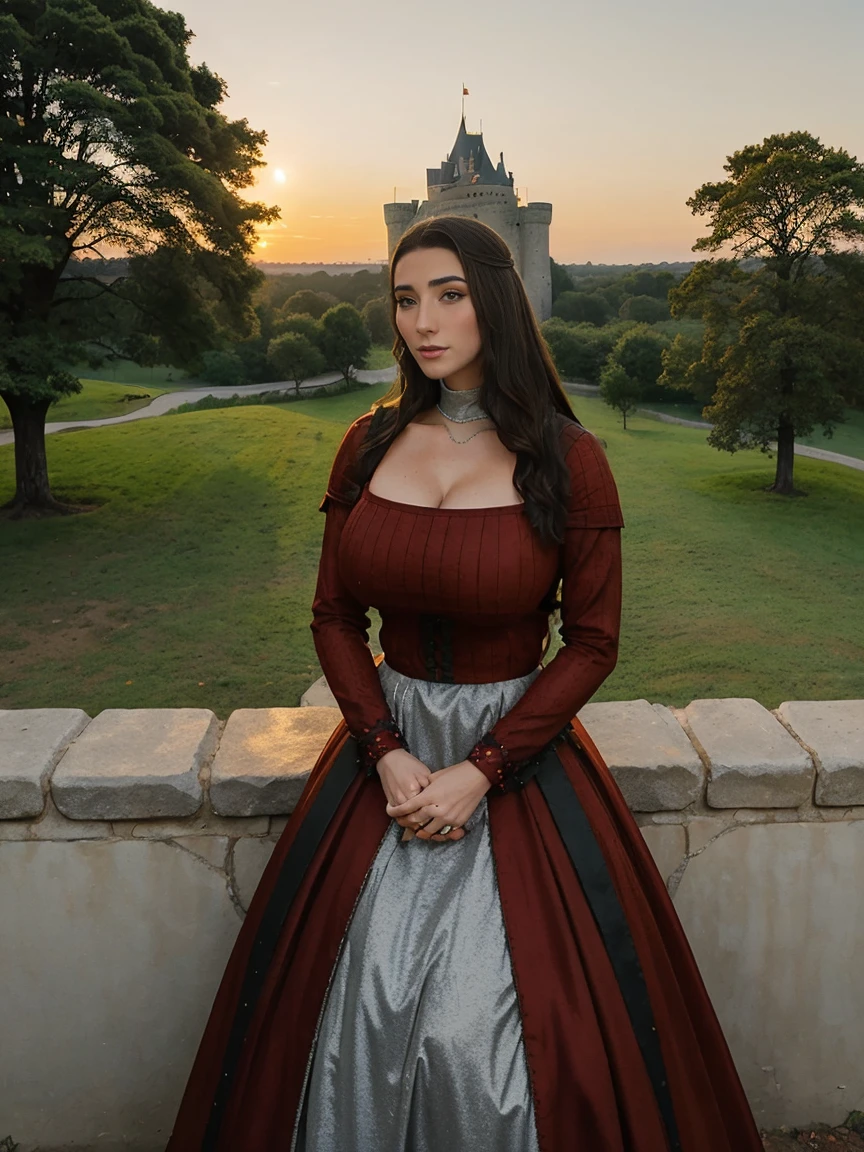 Gorgeous and sultry busty athletic (thin) brunette queen with sharp facial features wearing a modest updo, dark red medieval dress, long sleeves, intricate patterns, scrollwork, wide neck, crown, veil, long dress, modest dress, tight bodice, silver belt, (waist chain), medieval jewelry, Middle Ages, castle, rampart, wall, exterior, on top of a castle wall, trees, countryside, evening, sunset.