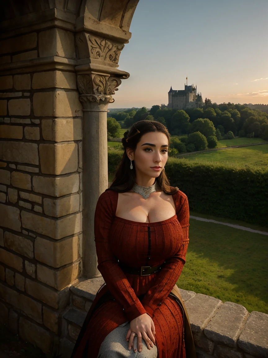 Gorgeous and sultry busty athletic (thin) brunette queen with sharp facial features wearing a modest updo, dark red medieval dress, long sleeves, intricate patterns, scrollwork, wide neck, crown, veil, long dress, modest dress, tight bodice, silver belt, (waist chain), medieval jewelry, Middle Ages, castle, rampart, wall, exterior, on top of a castle wall, trees, countryside, evening, sunset.