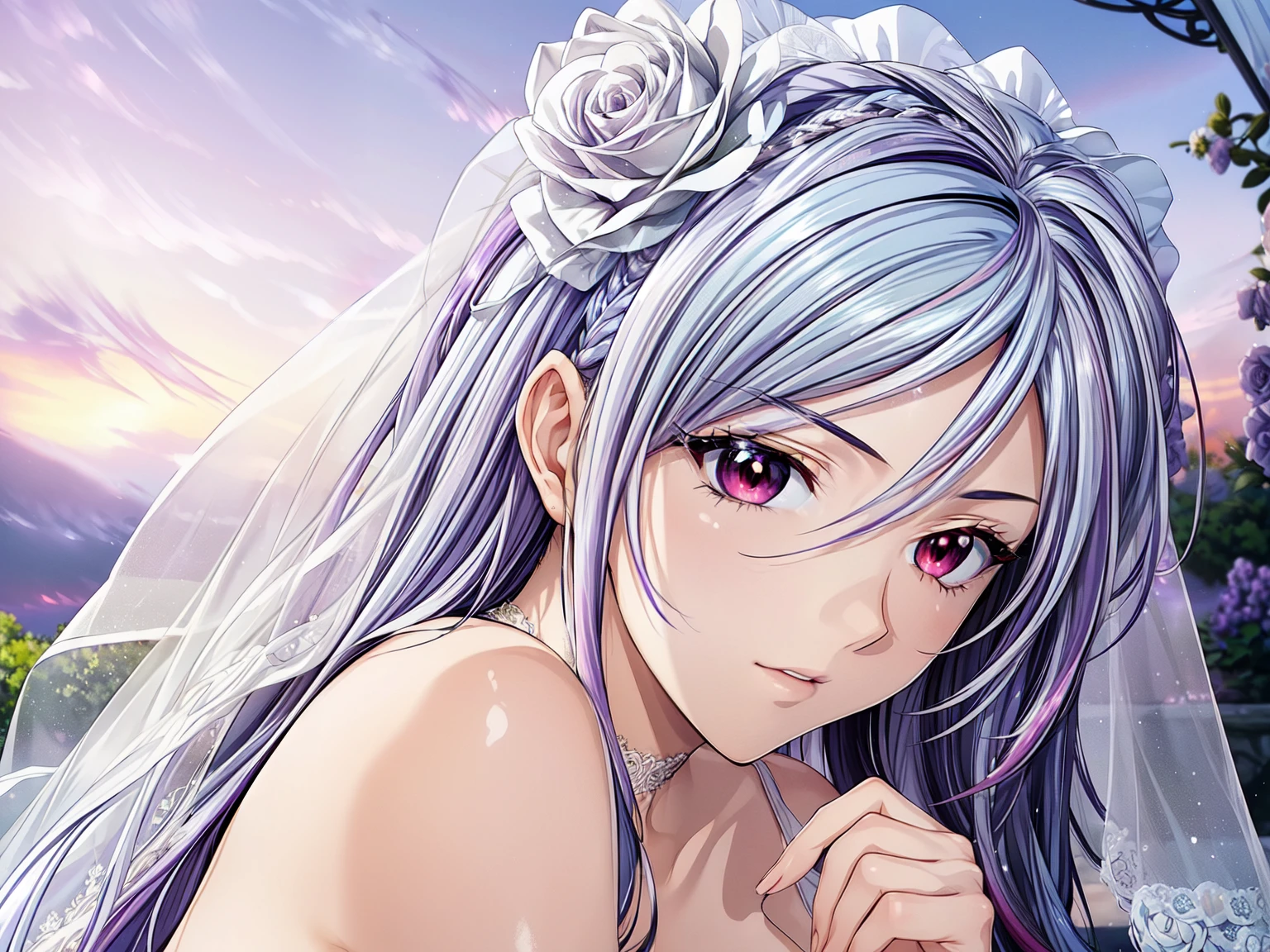 (masterpiece, best quality, beautiful and aesthetic:1.3), look back, side view, 1woman, solo, matured woman, (Silver blue hair streaked purple:1.4), (Gradient sky blue hair ends:1.6), hair strand, absurdly long hair, single sidelock, wavy hair, shiny hair, floating hair, (deep red eyes), delicate eyes, aqua eyes, super high detailed eyes, long upper eyelashes, makeup, Focus on face, Very detailed facial, Perfect breasts, hot body, (Delicate skin texture:1.2), bridal veil, lace-trimmed dress, see-through, wedding dress, outdoors, white roses, garden, morning, standing, extreme detailed,