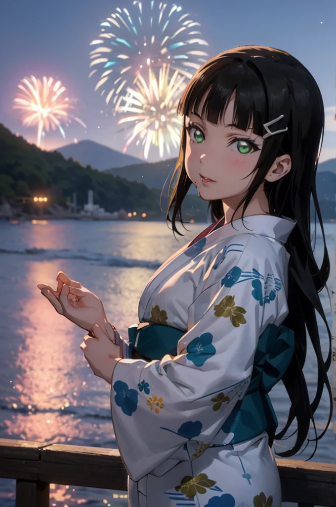 Create an illustration of Dia Kurosawa from Love Live! Sunshine!!. She has long black hair and green eyes, and she's wearing a yukata. In the background, there are fireworks in the night sky, with the ocean and mountains in the distance. My hair sways in the wind、Anatomically correct, Highest quality, far and near method, 