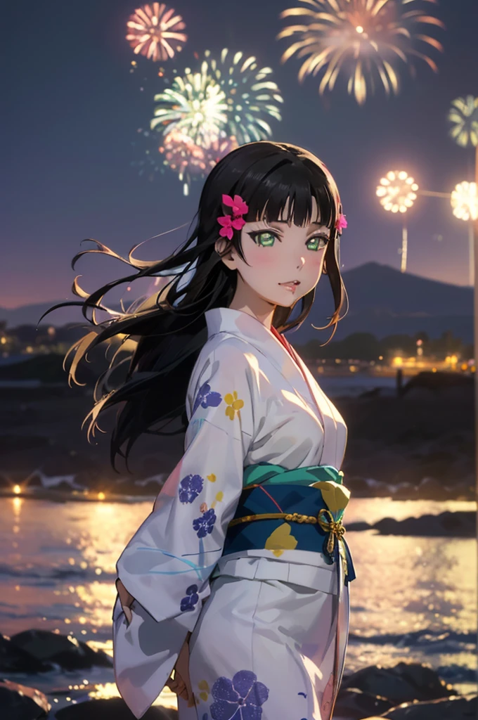 Create an illustration of Dia Kurosawa from Love Live! Sunshine!!. She has long black hair and green eyes, and she's wearing a yukata. In the background, there are fireworks in the night sky, with the ocean and mountains in the distance. My hair sways in the wind、Anatomically correct, Highest quality, far and near method, 